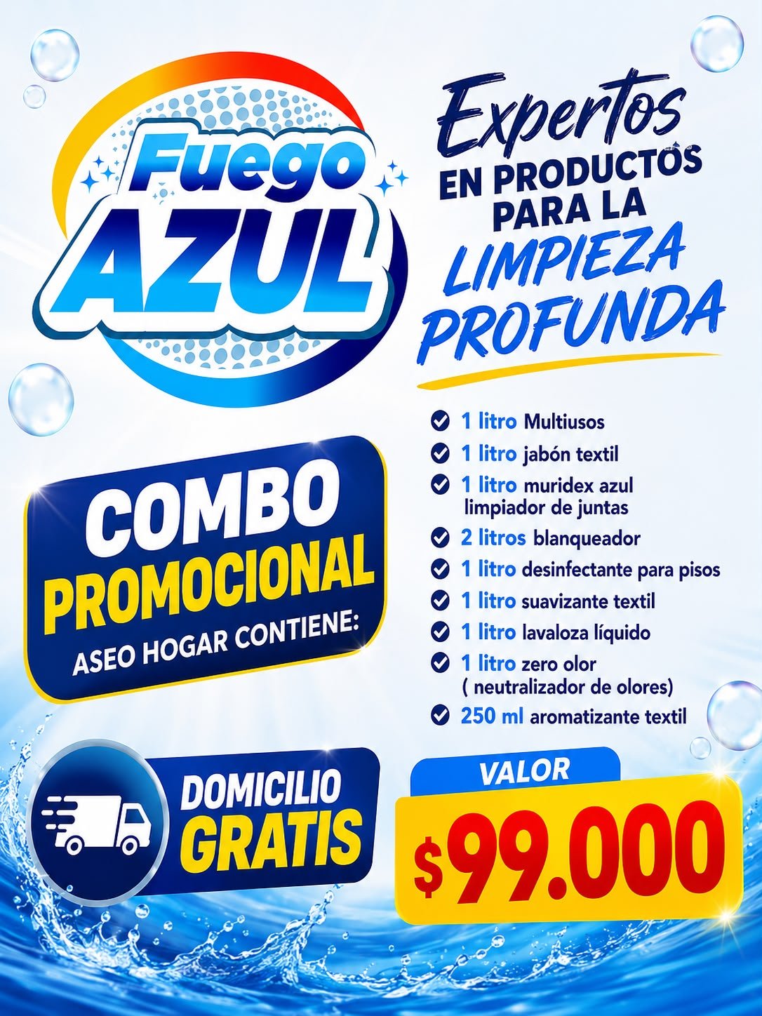 Promoción Combo Aseo Hogar Fuego Azul — $99.000 con domicilio gratis