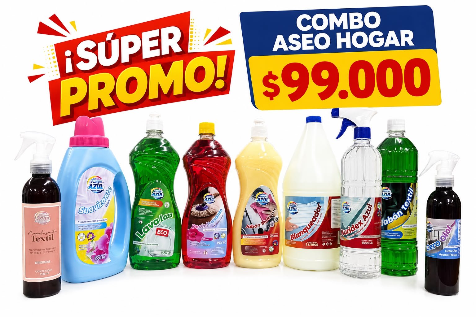 Combo Aseo Hogar Fuego Azul: 9 productos de limpieza